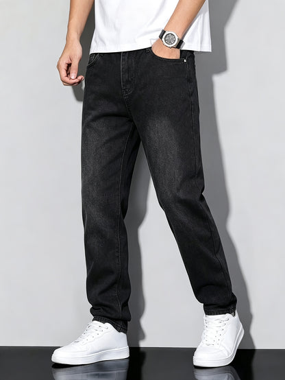 Teen Boy Casual Black Denim Jeans, Mid-Waist Street Style