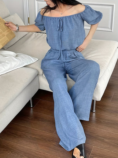 Women's Summer Solid Color Off-Shoulder Puff Sleeve Crop Top and Loose Wide-Leg Pants Two-Piece Set - ayq