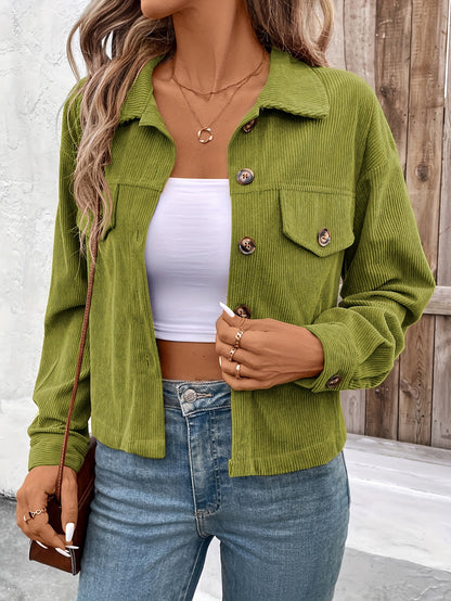 Կանացի էլեգանտ վարդագույն կոճակներով բաճկոն՝ փեղկավոր գրպաններով - Աշնանային առօրյա վերնազգեստ, երկար թևքերով, կոճակներով դետալներով, պոլիեսթերի խառնուրդով, լվացվող լվացքի մեքենայով, առօրյա վերնազգեստ | Կոճակներով բաճկոն | Պոլիեսթերի խառնուրդով բաճկոն