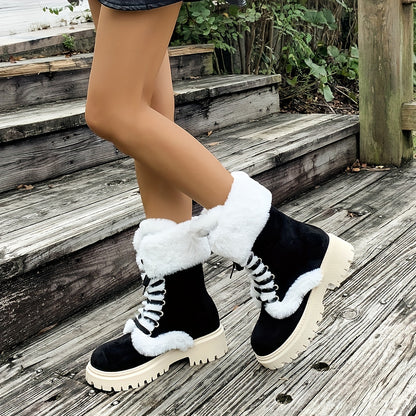 Կանացի հարմարավետ, բրդյա երեսպատված ձմեռային կոշիկներ - Կիսաճաճանճ, կապերով, հաստ արհեստական մորթով, կլոր քթով և հաստ կրունկով, շագանակագույն կամ սև, իդեալական ցուրտ եղանակի համար, ձմեռային կոշիկներ