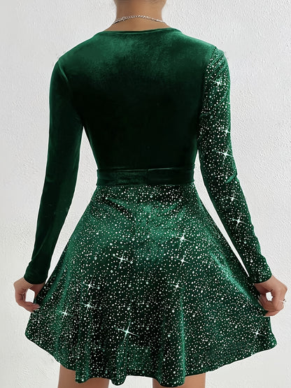 Կանացի էլեգանտ թավշյա զգեստ՝ խաչաձև վզնոցով և գոտիով - երկար թևքերով, սև՝ փայլուն աստղերով, պոլիեսթերի խառնուրդով, լվացվող մեքենայով, իդեալական է առօրյա կամ երեկոյան հագուստի համար