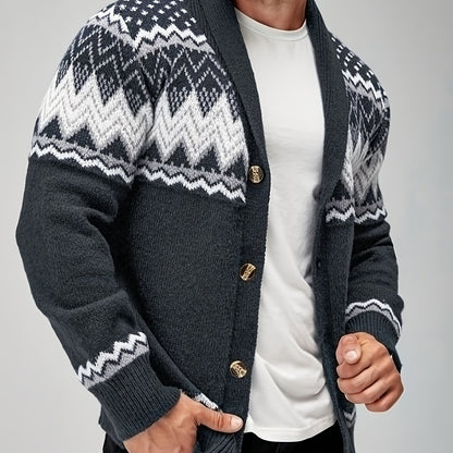 Men's Casual Geometric Pattern Cardigan Sweater - Navy Blue with White and Black Accents, Button-Up Collar, Machine Washable, Polyester for Fall/Winter