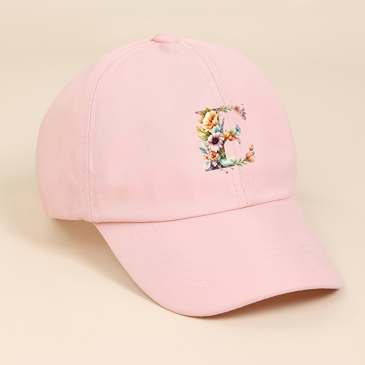 Adjustable Pink Baseball Cap for Kids with Floral Alphabet Design