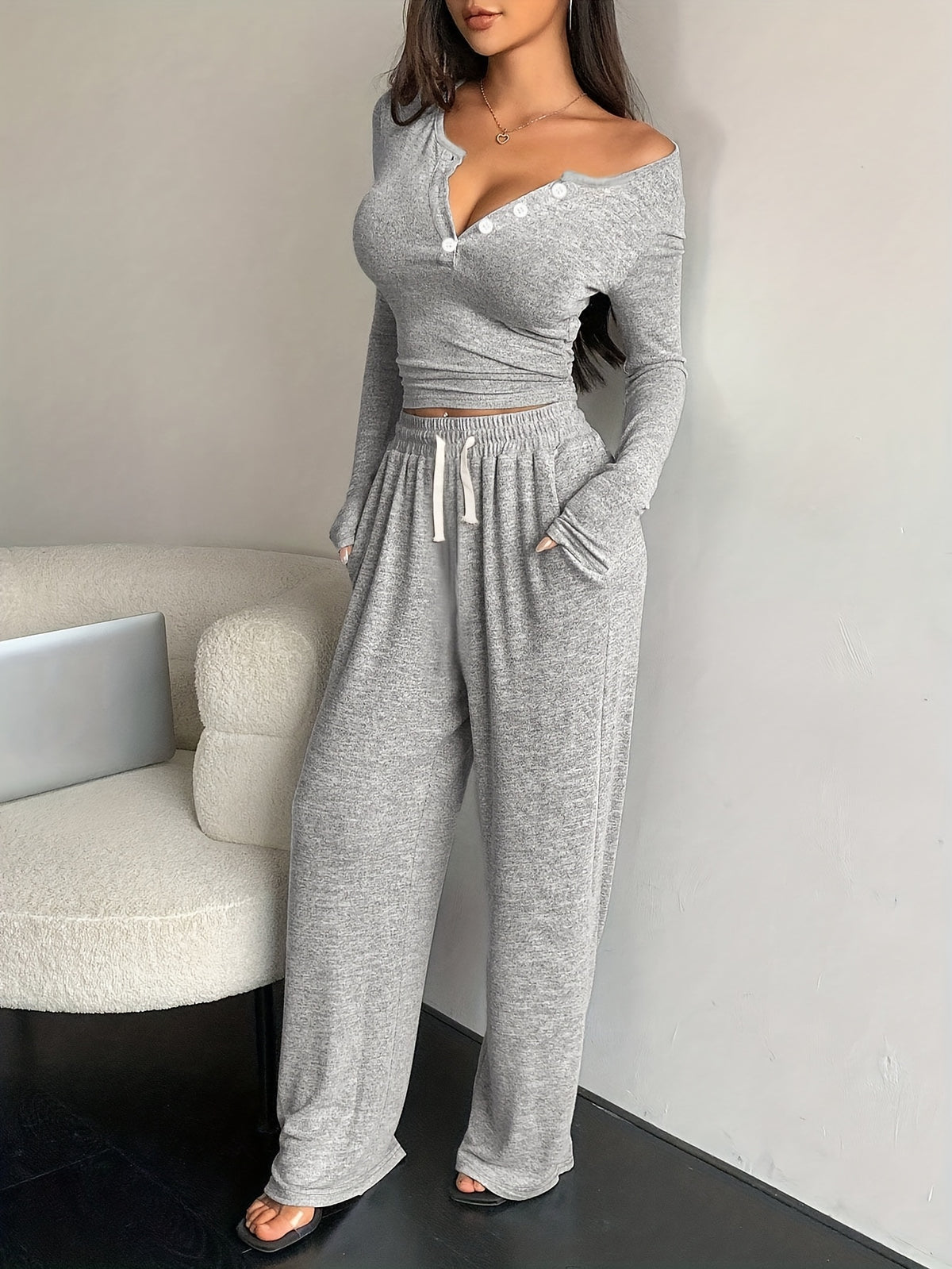 Women's Long Sleeve Solid Color Polyester Pajama Set - ayq