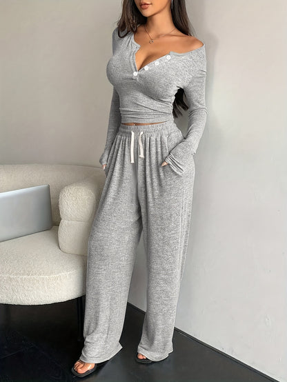 Women's Long Sleeve Solid Color Polyester Pajama Set - ayq