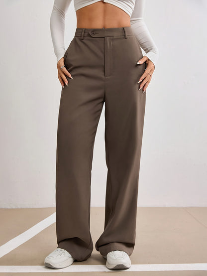Elegant Solid Color Button-Wide Leg Suit Pants for Women, Polyester, Machine Washable
