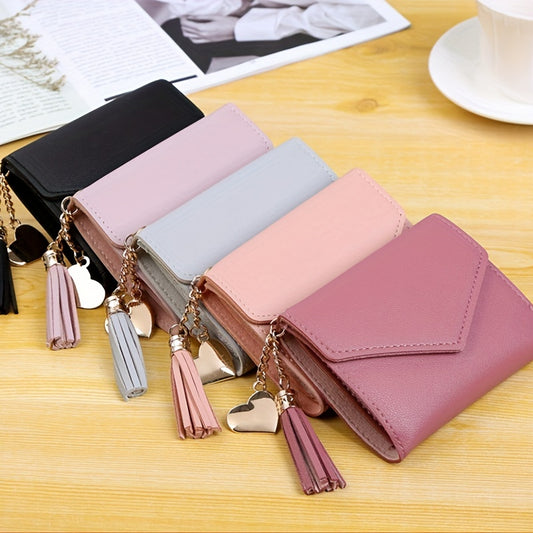 1pc Metal Heart & Tassel Decor Wallet Short Women Wallets Purse, Patchwork Fashion Panelled Wallets, Trendy Coin Purse