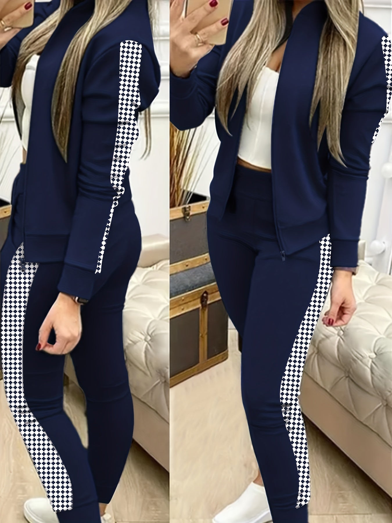 Two-Piece Outfit for Women Featuring a Geometric Design, Long-Sleeve Zip-Up Jacket, And Pants with Symmetrical Pockets - ayq