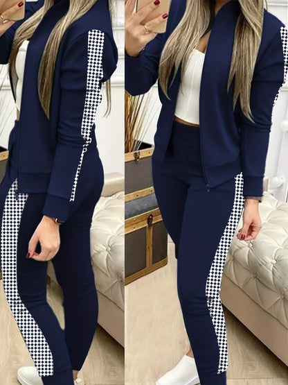 Two-Piece Outfit for Women Featuring a Geometric Design, Long-Sleeve Zip-Up Jacket, And Pants with Symmetrical Pockets - ayq
