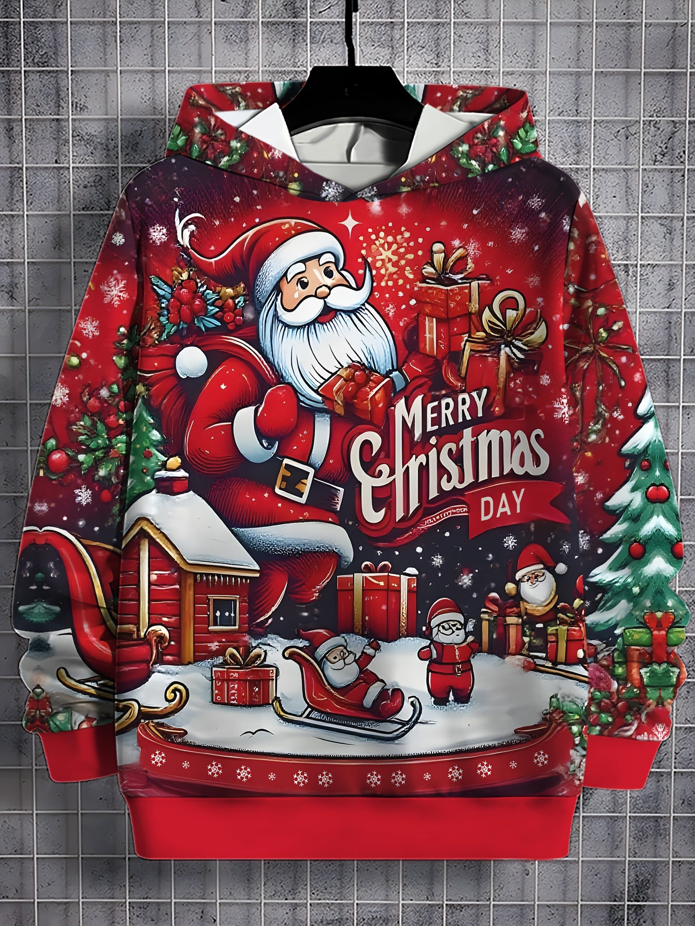 Men'S 3D Digital Print Hoodie - Festive Santa Claus & Christmas Tree Design, Red Casual Pullover with "Merry Christmas" Text, Long Sleeve, Regular Fit, Perfect for Holiday Celebrations, Christmas Hoodie