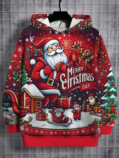Men'S 3D Digital Print Hoodie - Festive Santa Claus & Christmas Tree Design, Red Casual Pullover with "Merry Christmas" Text, Long Sleeve, Regular Fit, Perfect for Holiday Celebrations, Christmas Hoodie