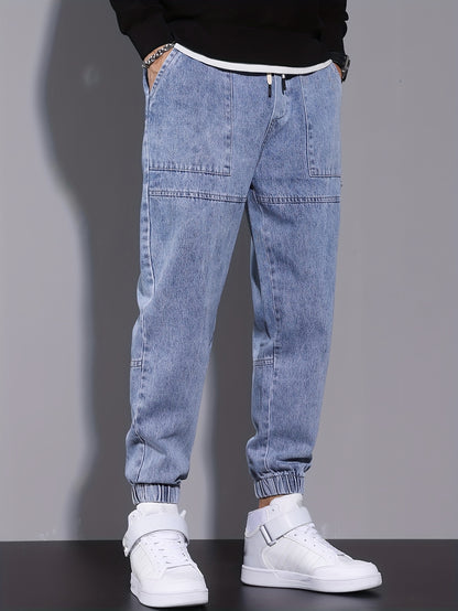 Men's Street Style Harem Jeans - Casual Loose Fit with Elastic Drawstring Waist, Versatile & Stylish for All Seasons