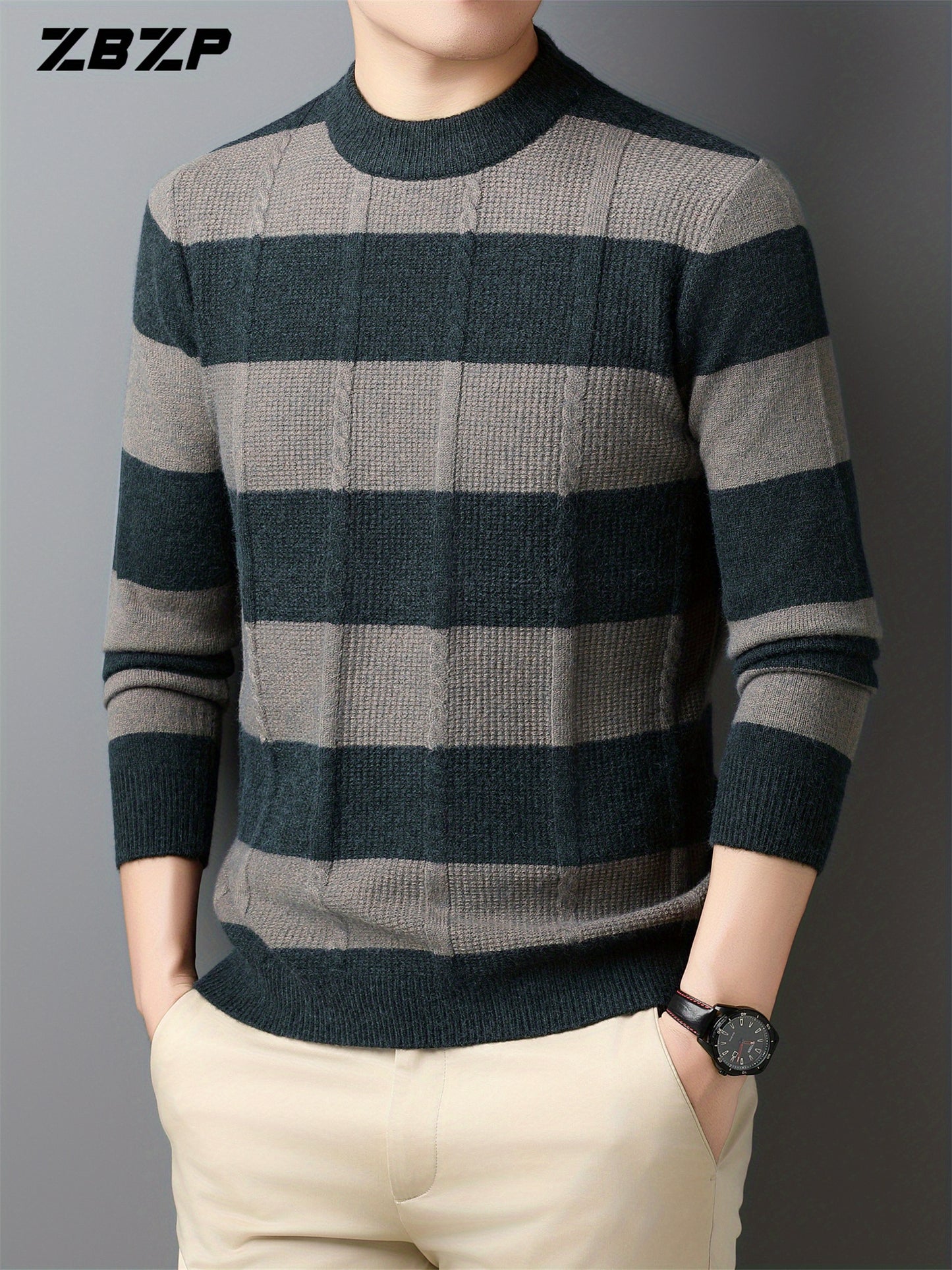 ZBZP Men'S Casual Striped Knit Sweater - Dark Gray & White Horizontal Stripes, Round Neck Long Sleeve, Regular Fit, Autumn Winter Warm Pullover for Casual Attire, Knit Sweater, Comfortable Fashion, Soft Texture, Cold Weather