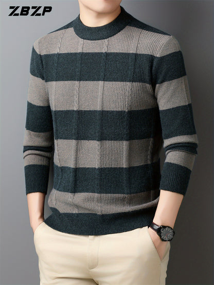 ZBZP Men'S Casual Striped Knit Sweater - Dark Gray & White Horizontal Stripes, Round Neck Long Sleeve, Regular Fit, Autumn Winter Warm Pullover for Casual Attire, Knit Sweater, Comfortable Fashion, Soft Texture, Cold Weather
