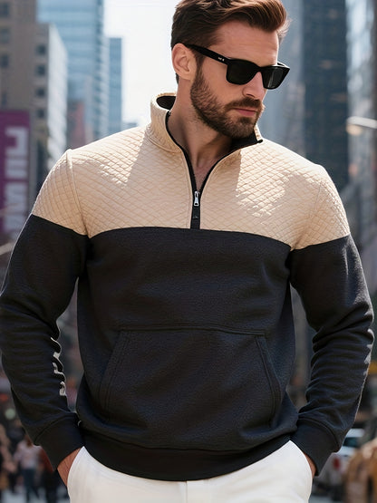 Men's Casual Half-Zip Color Block Sweatshirt with Kangaroo Pocket - ayq