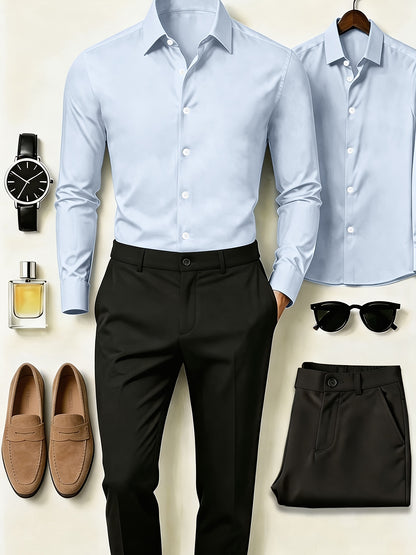 Men's All-Season Business Set: Long Sleeve Shirt & Formal Pants
