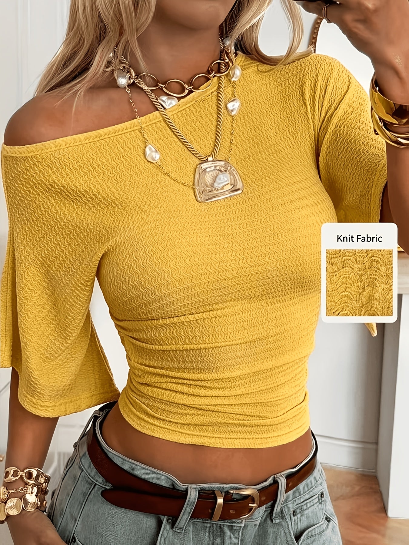 Elegant Women's Jacquard Batwing Sleeve Cinched Waist Top