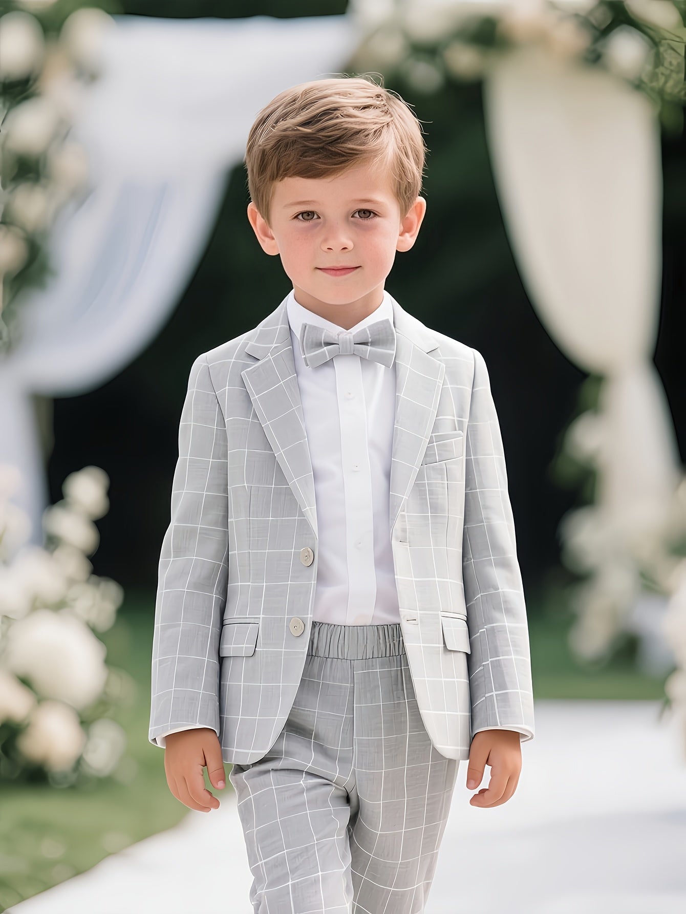 Boys 3-Piece Plaid Suit with Bow Tie for Parties & Weddings