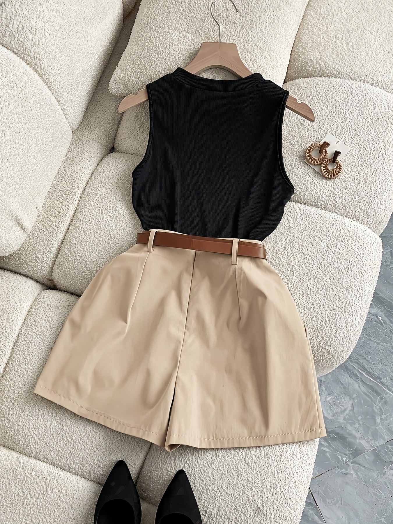 Women's Summer Business Casual 2-Piece Set with Wide-Leg Shorts