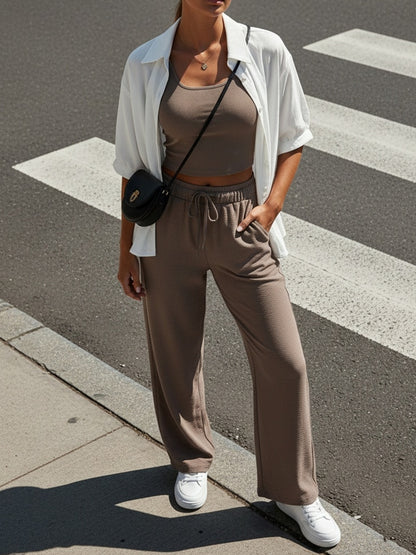 Women's 3-Piece Casual Button-Up Top, Vest & Wide-Leg Pants Set