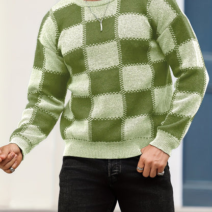 Men's Color Blocking Textured Checked Print Casual Trendy Sweater, Long Sleeve Pullover As Gift For Fall And Winter