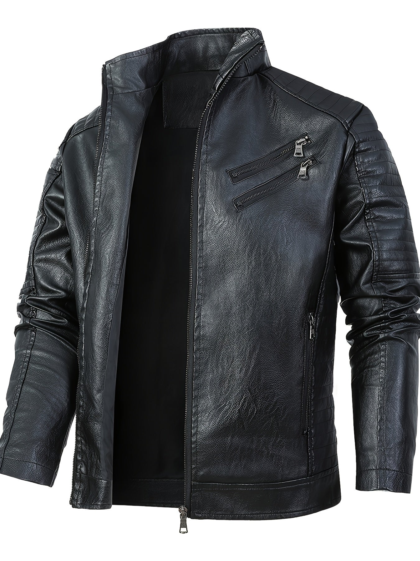 Slim Fit PU Stand Collar Motorcycle Jacket for Adults