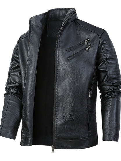 Slim Fit PU Stand Collar Motorcycle Jacket for Adults
