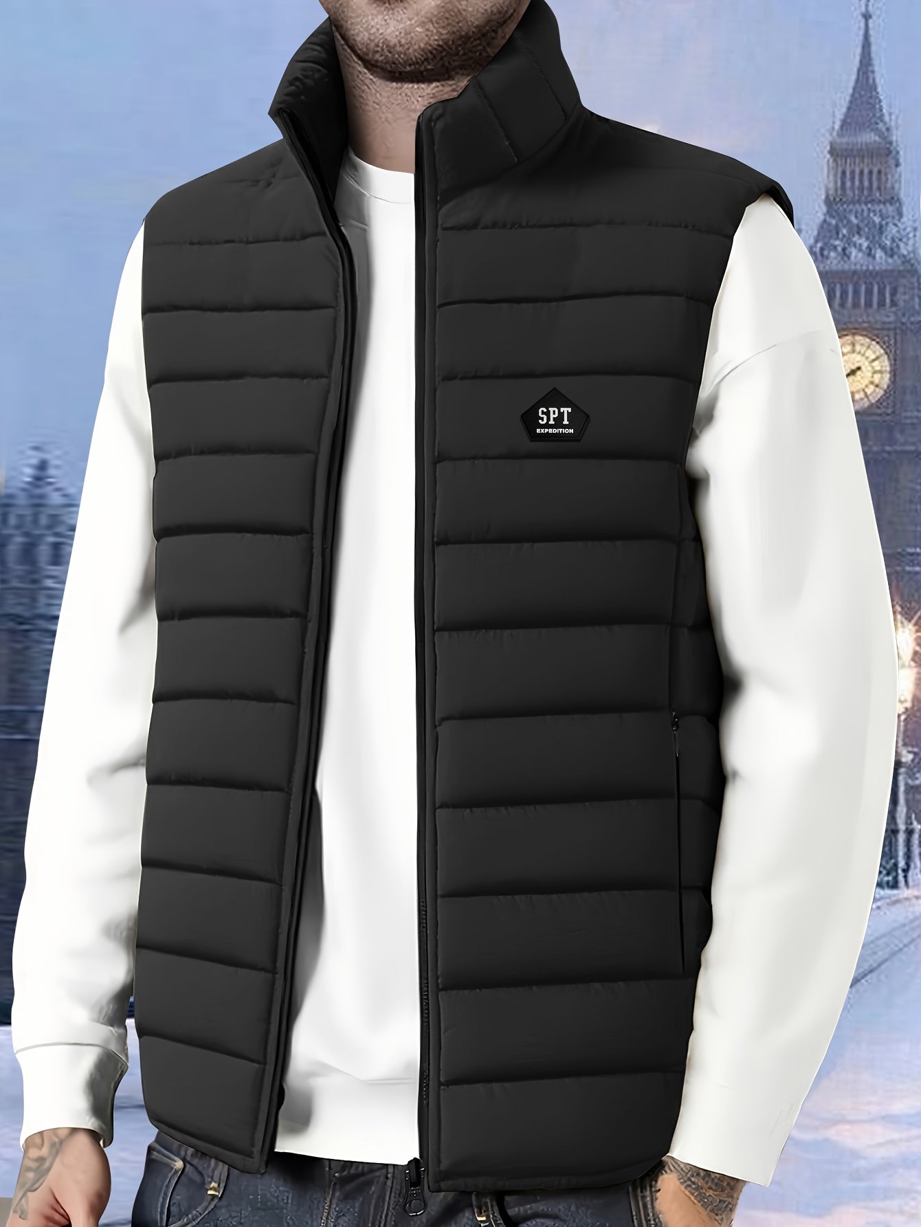 Men's Lightweight Sleeveless Vest with Stand Collar for Fall/Winter
