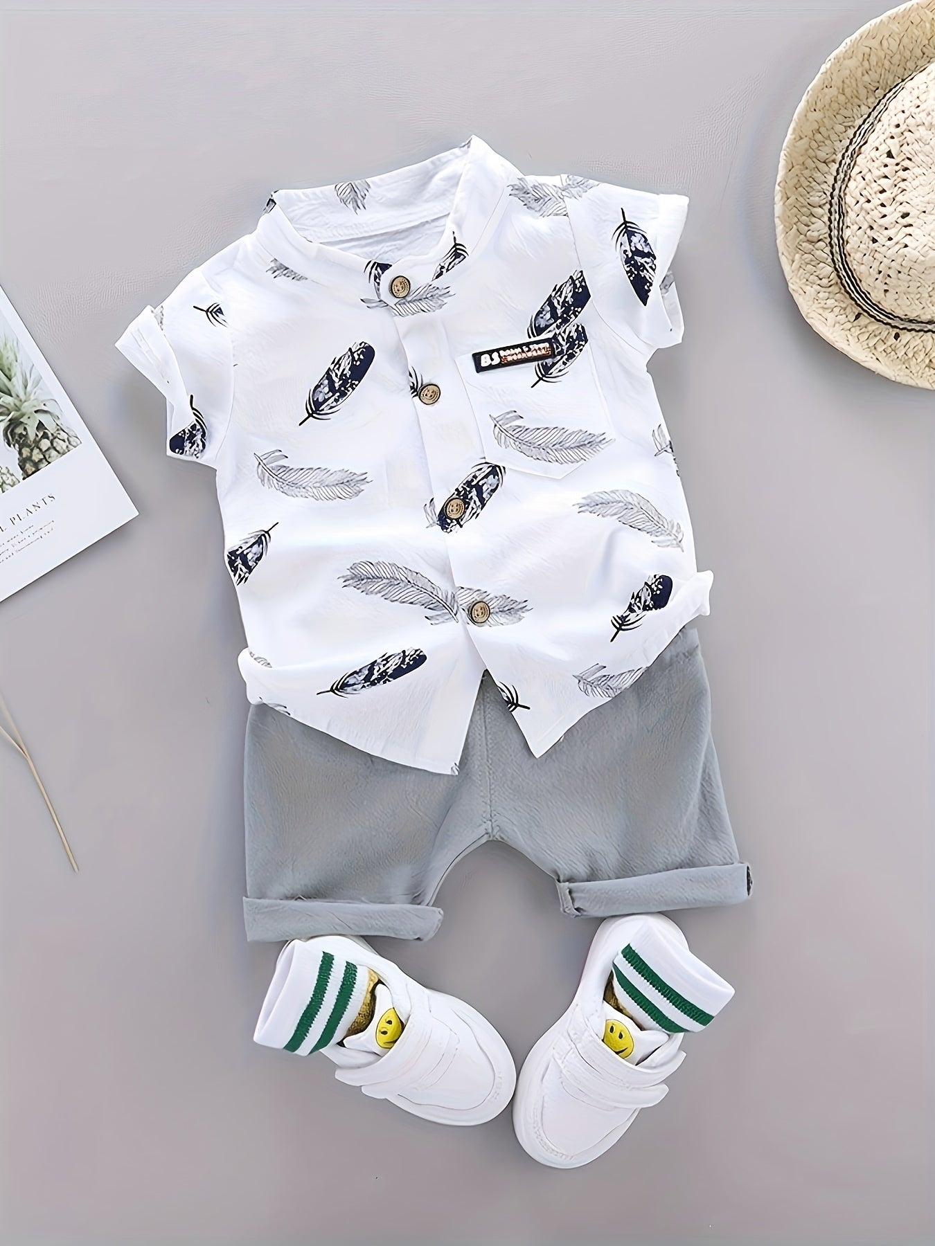 Toddler Summer Cotton Feather Print Shirt & Shorts Set