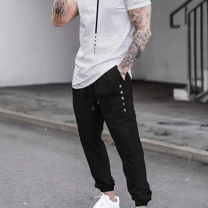 1set Men'S Casual Sportswear Set, Geometric Pattern Short Sleeve T-Shirt and Drawstring Joggers, Knitted Polyester and Elastane Blend, Round Neck, Regular Fit, Four Seasons Outfit