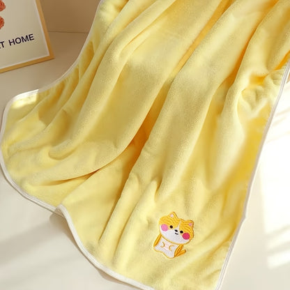 Bindi Monkey Ultra-Soft Coral Fleece Youngsters Towel - Quick-Dry, Absorbent & Cozy Cartoon Embroidered Bath Towel for Boys & Girls - Pink/Green/Blue/Yellow Options