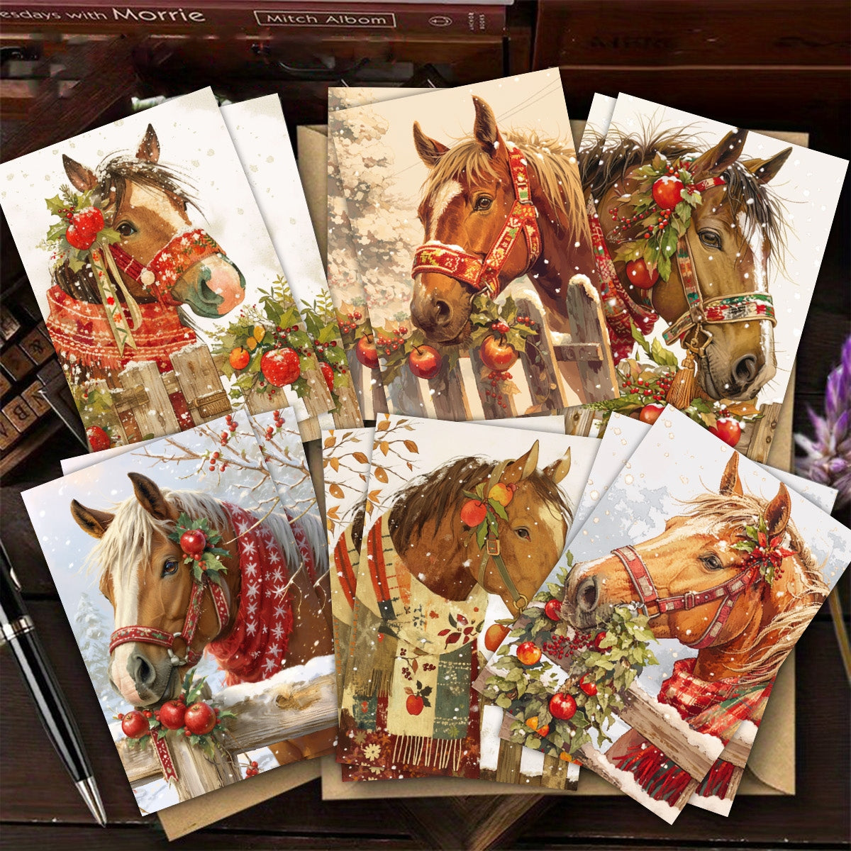 1set/12pcs/24pcs Christmas Horse Pattern Greeting Cards with Envelopes, Folded 9*13cm, 3.54*5.11in; Unfold 18*13cm 7.08*5.11in, 9 Sheets per Set, Christmas Cards With Envelopes, Funny Christmas Cards, Cards For All Occasions