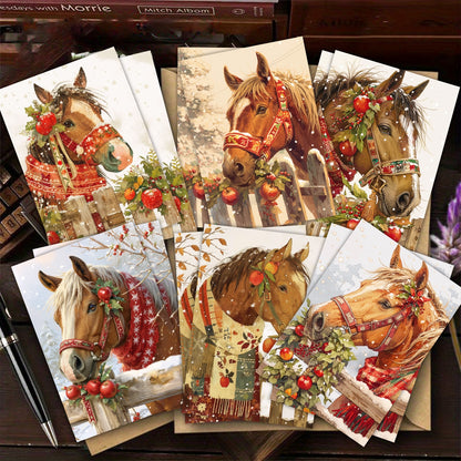 1set/12pcs/24pcs Christmas Horse Pattern Greeting Cards with Envelopes, Folded 9*13cm, 3.54*5.11in; Unfold 18*13cm 7.08*5.11in, 9 Sheets per Set, Christmas Cards With Envelopes, Funny Christmas Cards, Cards For All Occasions