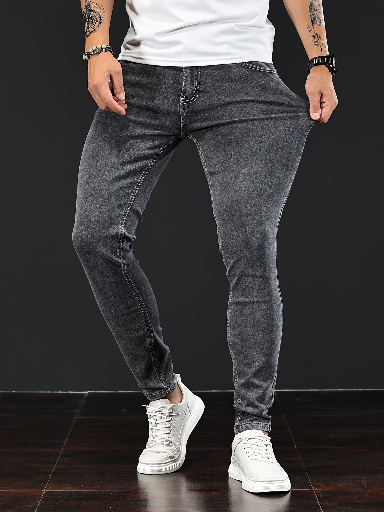 Slim Fit Chic Jeans, Men's Casual Street Style All Match Stretch Denim Pants With Pockets