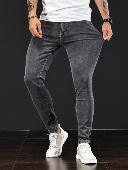 Slim Fit Chic Jeans, Men's Casual Street Style All Match Stretch Denim Pants With Pockets