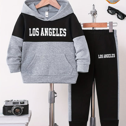 2pcs Boys' Autumn/Winter Fleece-Lined Hooded Sweatshirt and Pants Set, Simple Letter Print Fashion Classic Outfit for Outdoor Sports and Casual Wear, 100% Polyester Knit Stretch Fabric, Ideal Gift Choice for Kids, Perfect for