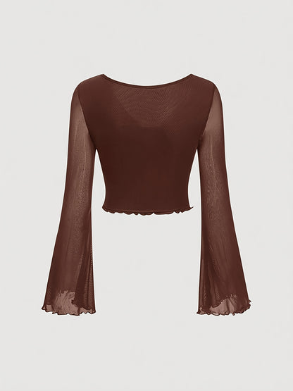 Sexy Knot Front Lettuce Trim Long Sleeve Tee