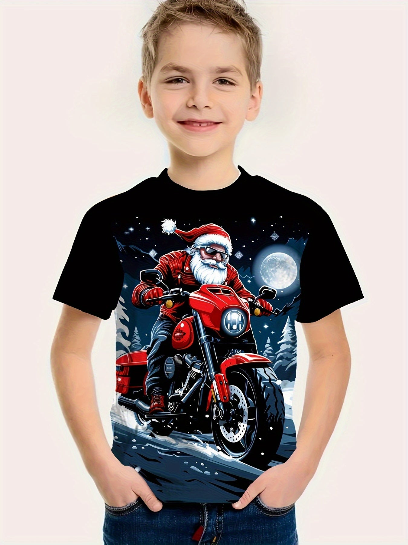 Boys' Santa Claus Motorcycle Graphic T-Shirt - 3D Print Plaid Casual Short Sleeve Tee with Snowy Night Scene, Red Motorcycle & Santa Hat, All-Season Comfort Fit for Outdoor Play & Holiday Fun, Motorcycle T Shirt, Outdoor Play
