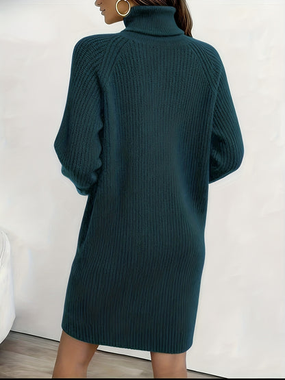 Women's Dark Green (Navy/Turquoise-Free) Sweater Dress - High Neck Collar & Single-Breasted Button Front, A-Line Silhouette Long Sleeve Coat Dress for Winter,, Office, Semi-Formal Wear (Hand Washable)