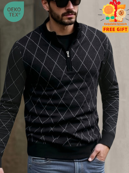Men's Casual Quarter Zip Knit Sweater with Geometric Pattern