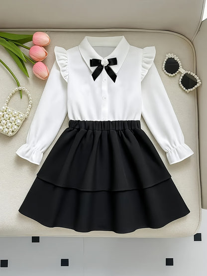 Girls' Preppy 2-Piece Top and Skirt Set with Bow Accent