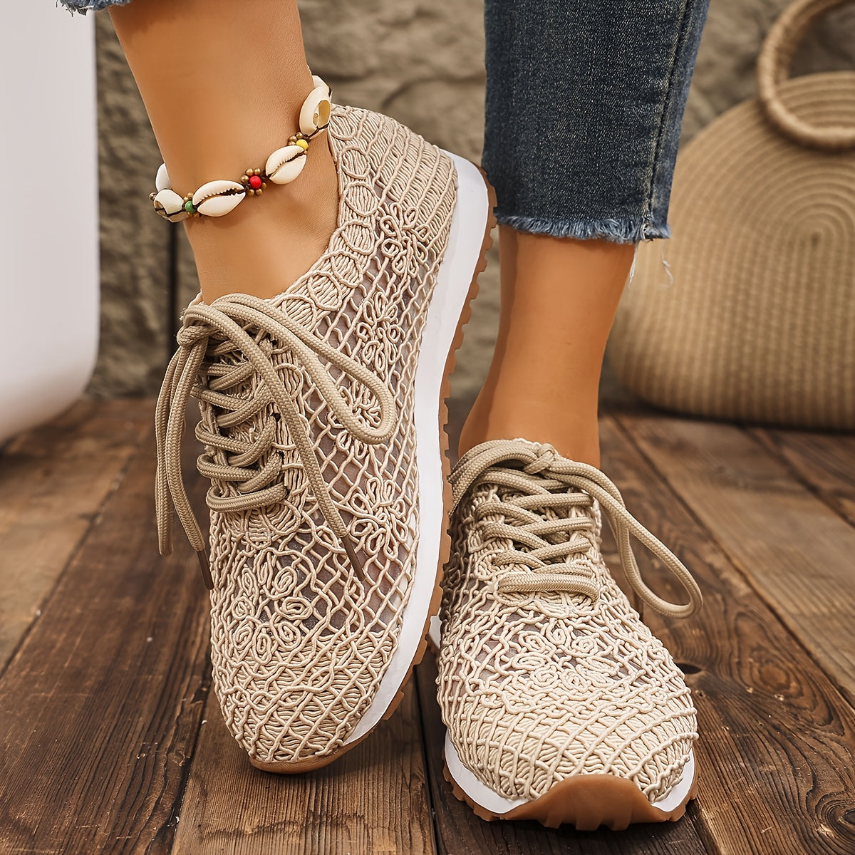 Women's Summer Solid Color Lace-Up Mesh Casual Shoes, Breathable Fabric with Rubber Sole, Net Fabric
