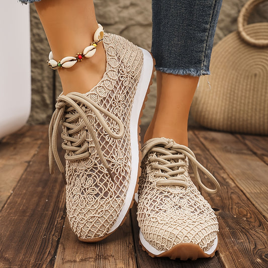 Women's Summer Solid Color Lace-Up Mesh Casual Shoes, Breathable Fabric with Rubber Sole, Net Fabric