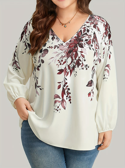 Plus Size Floral Print Blouse, Casual V Neck Long Sleeve Blouse For Spring, Women's Plus Size Clothing