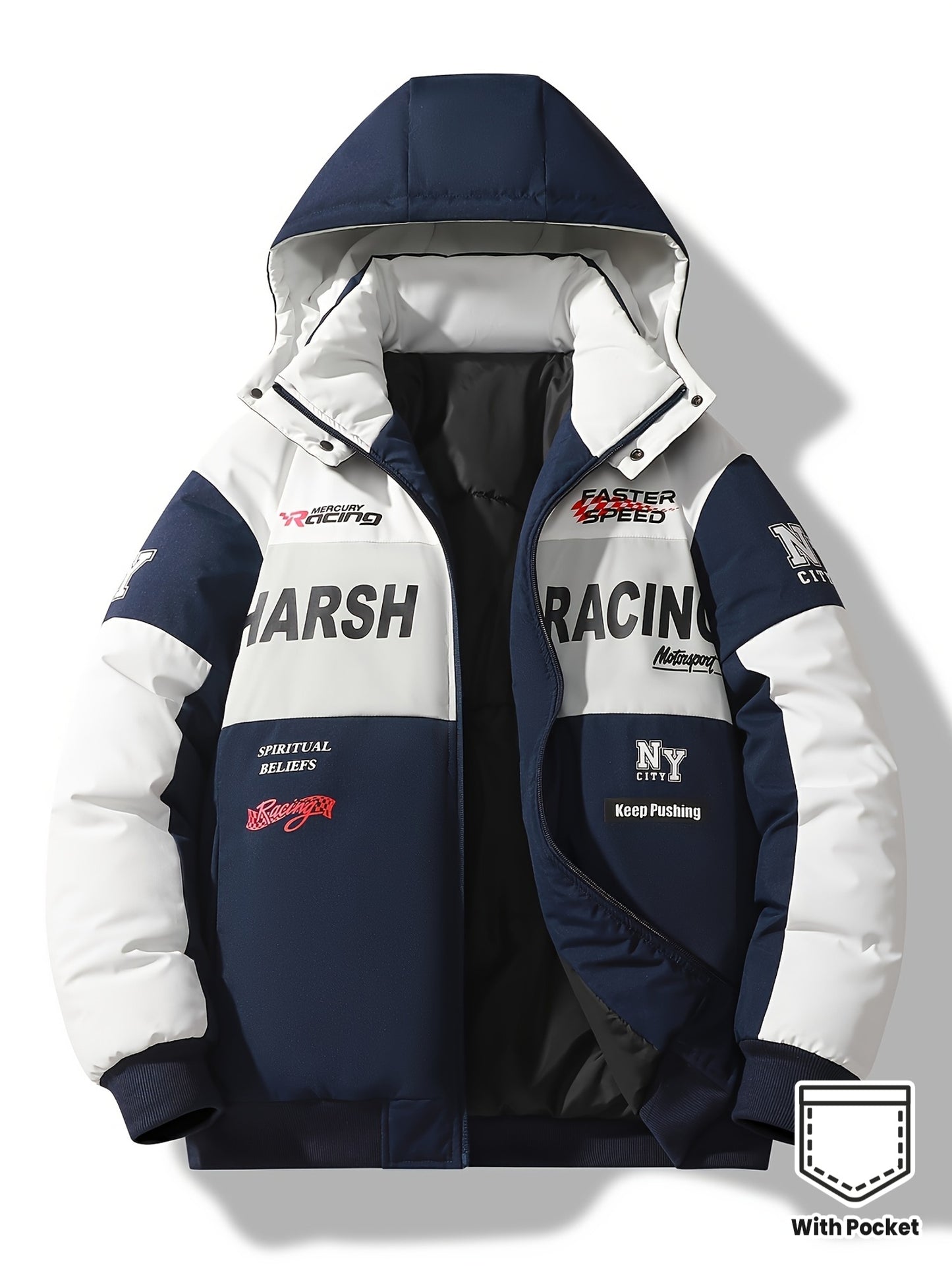 Men'S Casual Motorcycle Jacket, Warm Pilot Fashion Top 6023, 100% Polyester Hooded Collar with Alphabet Pattern, Long Sleeve Regular Fit, Non-Stretch Woven Fabric, Zipper Placket, with Pockets - 280gsm