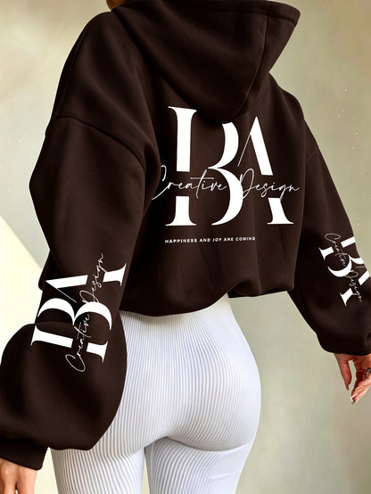 Women's Casual Short Hoodie Jacket with Zipper and Geometric Print