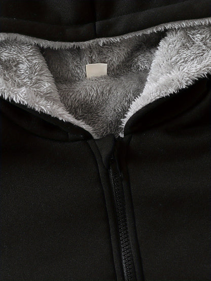 1pc Boys Stylish Color Block Fleece Lining Hooded Jacket, Long Sleeve Zip Up Jacket, Kids Clothes Outdoor