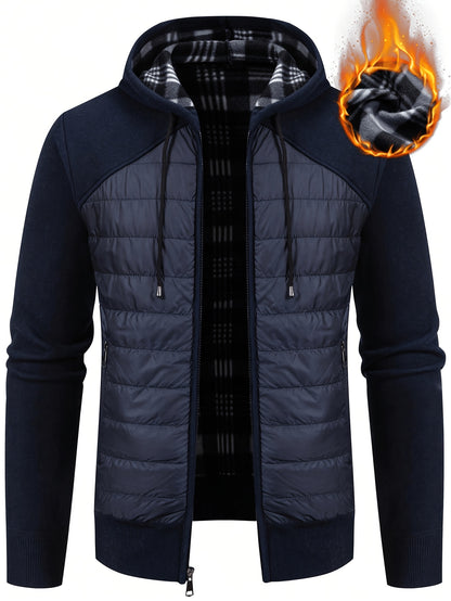 Men's Quilted Hooded Zip-Up Jacket with Plaid Lining for Winter