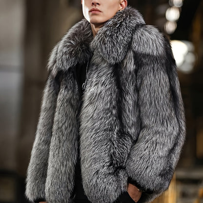 Men'S Faux Fur Coat with Imitation Fur Lining, Square Neck Zipper Short Winter Windproof Warm Loose Casual Jacket for Young Style
