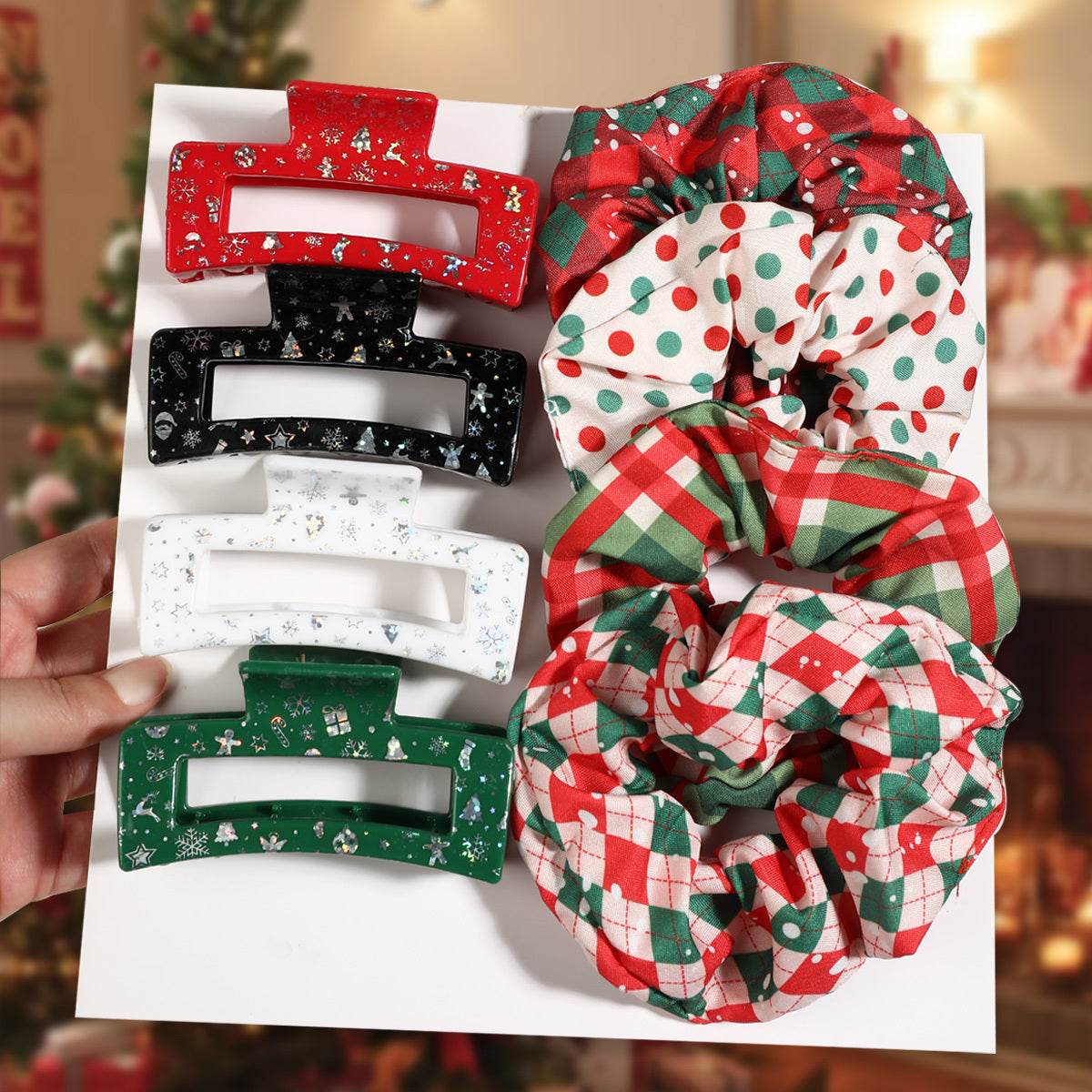 8pcs Set Sparkling Snowflake & Christmas Hair Clips and Scrunchies Bundle - Red/Green/Black/Golden Winter Hair with Elastic Bands, Holiday Party Favors for Women &, Gift Set (Snowflake Patterns, Bows, Bell Designs)